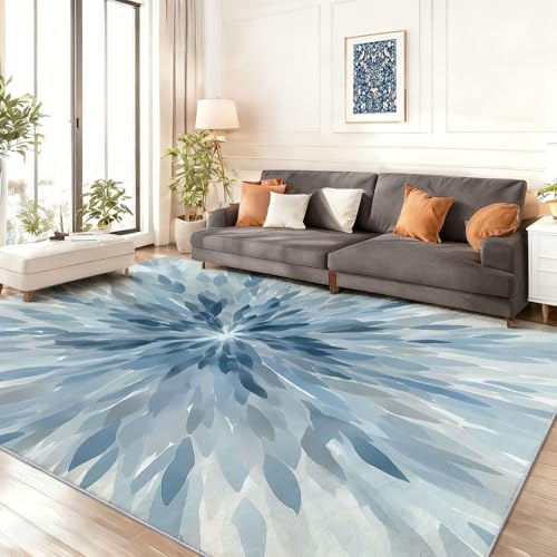 Hellblau Teppich Wohnzimmer 140 x 200 cm, Waschbarer Teppich Abstrakt Aquarell Art Déco Drucken Teppiche Kurzflor rutschfest Weich Carpet für Schlafzimmer Esszimmer Jugendzimmer