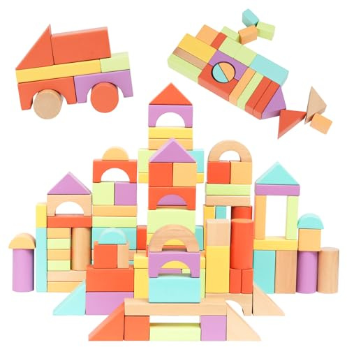 Nene Toys Bloques de Construcción de Madera 100 Piezas para Niños desde 1 Año – Bloques de Madera FSC de Colores Vivos – Juguete Montessori de Apilamiento y Clasificación – Regalo Niños Niñas 1-3 Años