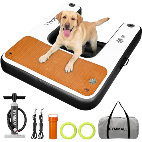 GYMMALL Aufblasbare Hundeplattform 120x100cm, Rampe Hund für Boote, Hunde Pool, Seen und Meer, rutschfeste Sicherheitsplattform bis 100kg, Eva-Hunderampe mit Schwimmleiter
