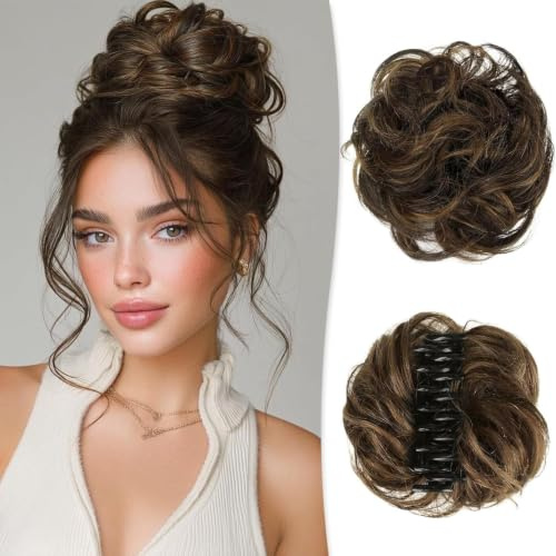 RUWISS Echthaar Dutt mit Klammer, Messy Bun Haarteil Echthaar Dutt für Dünnes Haar Locken Gewellt Haardutt Haarteil Clip für Damen (Braun Gemischt)