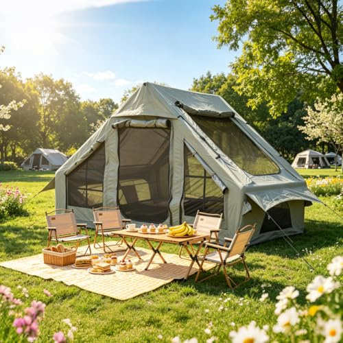 Yihomfy Tente Gonflable 4-6 Personnes,Tente de Camping Gonflable Spacieuse en Toile 300D,PU3000,UPF50+,Tente Chaude avec Sortie de Poêle,Montage Rapide en 5 Min pour Famille,Jardin et Extérieur