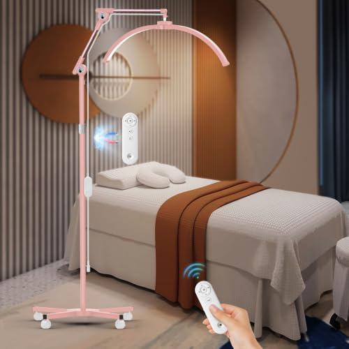 CGBE Halbmond-Stehlampe für Wimpernverlängerung mit Rollfuß Flimmerfrei | Dimmbar LED Wimpern Lampe mit Handyhalter - 360° Drehbarer Lichtkopf - Höhenverstellbar Beautylampe für Kosmetik Tattoo Rosa