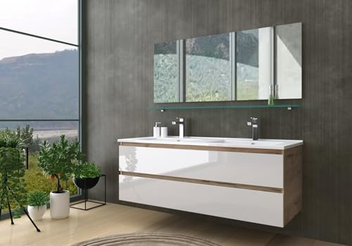 Doppelwaschtisch Eiche/Weiß Hochglanz Doppel Waschbecken Badezimme Badmöbel Set