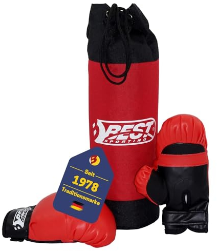 BEST SPORTING Boxsack und Handschuhe Set für Kinder Rot I Boxhandschuhe 4 oz aus Kunstleder mit Stabiler Polsterung & Klettverschluss I Box Sack 1kg I Boxset mit Sandsack und Gloves
