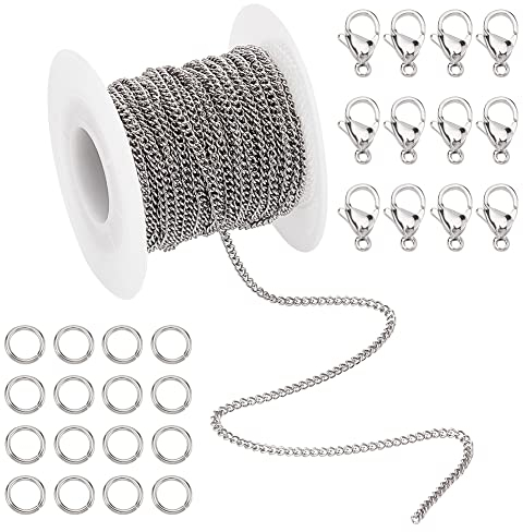 PH PandaHall 10m Halsketten 304 Edelstahl Panzerketten Curb Kabel Kette Link Halskette Breite 2mm mit 20 Hummerverschlüsse und 30Pcs 6mm Springringe für Schmuck Herstellung