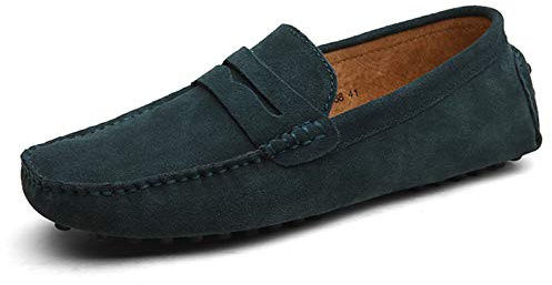 Men Suede Penny Loafers Slip On Canvas Deck Shoes Comfortable Wide Fit Driving Boat Shoes Green 12 UK