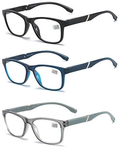 MMOWW Occhiali da Lettura Uomo Donna Confezione da 3 - Occhiali Ultraleggeri con Cerniere a Molla (Nero + Blu + Grigio, +1.5)