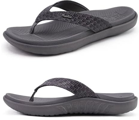 KuaiLu Grau Flip Flops Damen Leder Zehentrenner für Sommer Beach Frauen Bequeme Yoga Mat Tanga Sandalen für Plantar Fasciitis Größe 43EU