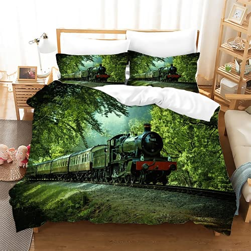 QQMHG 3D Zug Kinder Bettwäsche 135x200cm, Vintage Eisenbahn Dampfmaschine Zug Muster, Bettbezüge mit Reißverschluss135x200 cm mit 1 Kissenbezüge 80x80cm (A-11,135x200cm+1x80x80cm)