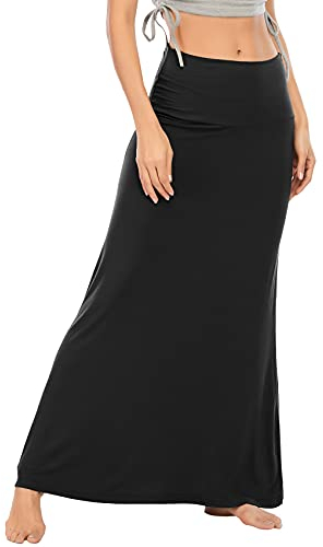Durio Rock Maxirock Lang Damen Rock Weich Damenrock Freizeitrock mit hohem Bund Skirt Elastisch Schwarz 42-44 (Tag Size XL)