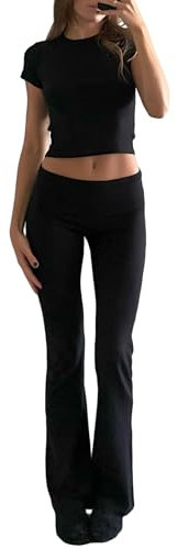 Womens Loungewear Set 2 Stück Basic Outfits Kurzarm Crop Top Fold Over Flare Pants Slim Fit Yoga Set Trainingsanzug (Black, L)