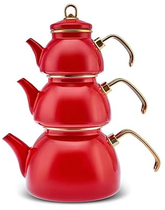 Karaca Retro Emaye Théière Set, 3 pièces, Rouge - Des théières en émail de haute qualité pour boire du thé avec style et pour des thés nostalgiques - Contenance 0,50 l, 1,1 l et 2,3 l