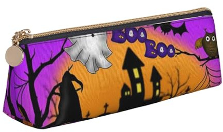 JRBWTDBW Federmäppchen aus Leder mit Halloween-Eule, Geist, Kürbis, schlankes Design, Stifttasche mit metallischem Reißverschluss, Taschengröße für Studenten, Büro, Universität, Mittelschule, weiß,