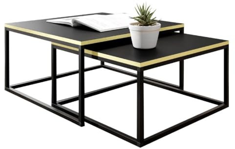 KIER FURNITURE Couchtisch 2er Set - Beistelltisch Sofa - Wohnzimmer Tisch 75x75 und 65x65 cm - LOFTI Sofatisch Quadratisch, Industrial Style, Beine Metall Schwarz - Schwarz und Goldfarbenes Furnier
