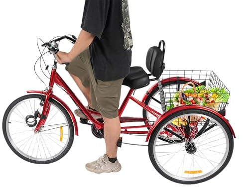 soudesileim Dreirad Für Erwachsene, 24 Zoll 7 Gang 3 Räder Fahrrad Erwachsenendreirad Mit Einkaufskorb|Glocke, Höheneinstellbar Lastenfahrrad Dreirad, 120Kg Tragfähigkeit (Rot)