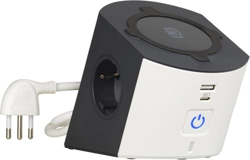BTICINO Multipresa Desktop S3714DBUW, Multipresa Elettrica 5 Posti, Caricatore Wireless 15W, Prese USB A+C, 2 Prese Schuko, Ciabatta Elettrica con Interruttore e Led, Spina Piccola 10A, Cavo 2 Metri