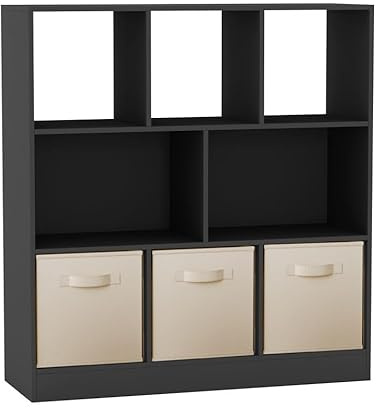 URBNLIVING Asymmetrical 8-Cube Bookcase Shelf – Black Storage Unit with 3 Fabric Drawers, Modern Display Organizer for Home or Office - Cream