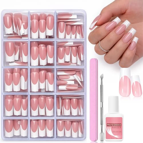 French Tip False Nails, Press On Nails, Medium Square, 240 Pcs, Nude | Fake Nails, Stick On Nails, False Nails with Glue, 15 Sizes, Full Cover, ABS and Acrylic, File and Pusher