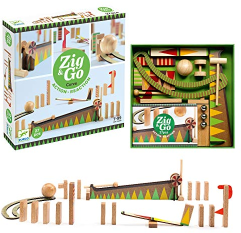 DJECO Zig & Go - Jeu de Construction dès 7 ans - 27 pièces en Bois, 2 Billes en Métal, 1 Notice - Construction, Créativité et Réaction en Chaîne - Développe Réflexion, Habilité et Ingéniosité