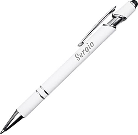 PROMO SHOP - Elegante Boligrafo para Regalar Personalizado (Nombre o Texto), Boligrafo Blanco Metálico y Puntero para Dispositivos Móviles, Incluye Estuche Individual