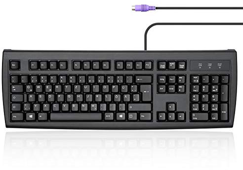 Perixx Periboard-107 Kabelgebundene PS2 Tastatur, Ergonomisches Design, Gewölbte Tasten, Integrierter Ziffernblock, Kompatibel mit Windows, Schwarz, QWERTZ