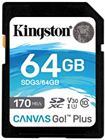 Kingston SDG3/64GB SD Speicherkarte ( 64GB SDXC Canvas Go Plus 170R C10 UHS-I U3 V30 )