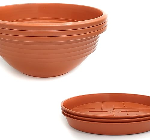 Plastard Pflanzschale mit Untersetzer im 3er Set in Terrakotta 40 cm Durchmesser große runde Blumenschalen aus Kunststoff für Garten Terrasse Wohnung für Aussen und Innen Schalen Pflanztopf