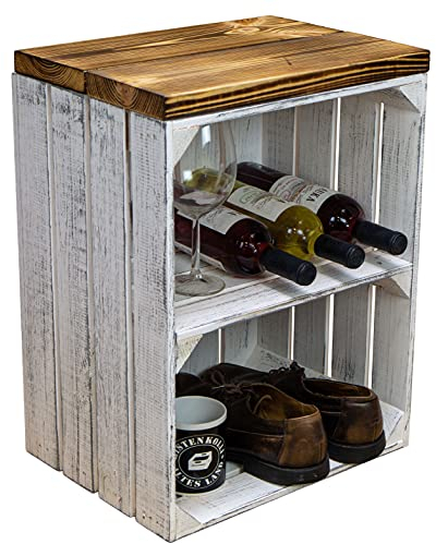 Sitzkiste Ablagetisch Sitzkiste aus unserer Johanna Obstkiste und massiven Holzplanken Schuhablage Schuhkommode Hocker aus Holz Maße 40 x 30 x 53cm L x T x H (Shabby weiss und Planke geflammt)