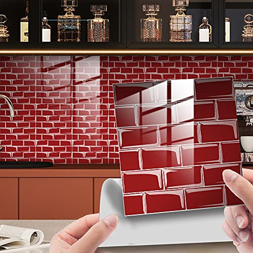 25 Pièces Marbre Stickers Adhésive Décorative à Carreaux pour Salle de Bains et Cuisine Stickers Carrelage, Hiser Mosaïque Imperméables Auto-adhésifs Décoration (Rouge,20x20cm)