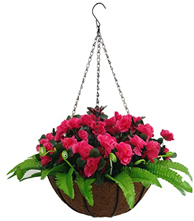 Haus und Außenhof Seide Künstlicher Grüner Farn Persisches Gras Und Künstliche Rose Rote Azaleen Blume Hübscher DIY Kette Hängender Korb (Medium Basket)