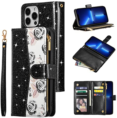 UEEBAI Wallet Case for iPhone 13 Pro Max 6.7 inch, Glitter PU Leather Magnetic Closure Handbag Zipper Pocket Case Kickstand Card Holder Slots with Wrist Strap TPU Shockproof Flip Cover - Bling Black