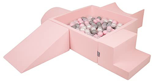 KiddyMoon Spielplatz Aus Schaumstoff Mit Quadrat Bällebad (200 Bälle) Ballgruben Für Babys Spielbad Hindernisläufen, Hergestellt In Der EU, Pink:Perle/Grau/Transparent/Puderrosa