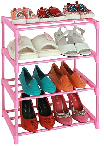 LNYZQUS Kleines Kinder-Schuhregal, 4 Etagen, rosa Schuhregal, Schuhregal für Schrank, stapelbar, schmaler Schuhständer, schlanker Zapateras-Organizer, Boden für Damen und Mädchen, Rosa