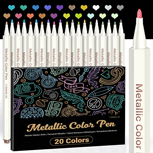 Metallic Marker Pens, 20 Farben Metallic Stifte für Fotoalbum Schwarze Seiten Gästebuch Hochzeit Bullet Journal Fotobuch Explosionsbox, 1mm Feine Maker Stift Glas Holz Stein Ostereier Ostern Basteln