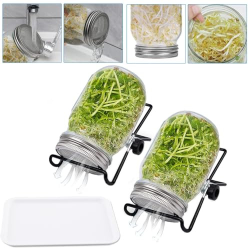 L-home QAVODB Keimtank,Bio Sprossenglas 2 Stück 1000Ml für 86mm Durchmesser Keimtank Edelstahl Mesh Cover Kit Mason Jar-Sprossenglas Keimglas Set-Keimglas für Sprachen Zucht-Keimschale
