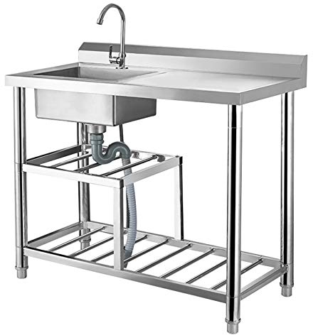 Gewerbliches Edelstahlspülbecken, einfaches Küchenspülbecken mit einem Tank, Ständer, doppelschichtiger Halterung, Außenküche, Waschküche
