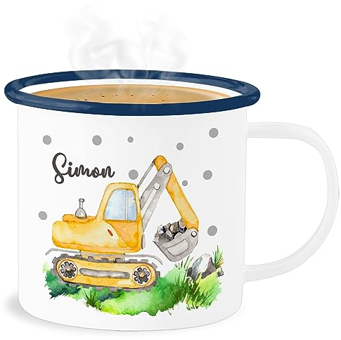 Emaille Becher Blechbecher - Bagger I Baggerfahrer Geschenk - 300 ml - Weiß Blau - kindertasse blech tasse kindergarten baufahrzeug name tassen kindergeschirr baustelle baggertasse fahrzeug