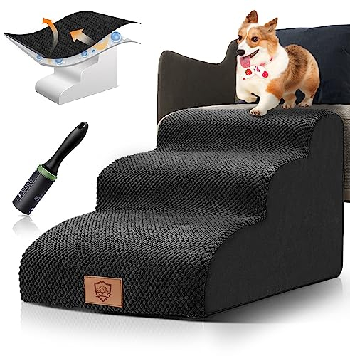 HEVOL Hundetreppe 3 Stufen, rutschfeste Haustiertreppe für Kleine Hunde, Waschbarer Hundetreppe 40cm Hoch, Tragbar Hunderampe Katzentreppe mit Waschbar Bezug für Sofa Bett