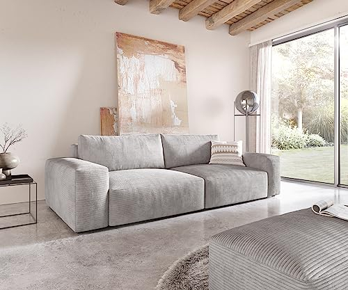 DELIFE Big-Couch Lanzo XL Cord Silbergrau 270x130 cm mit Hocker