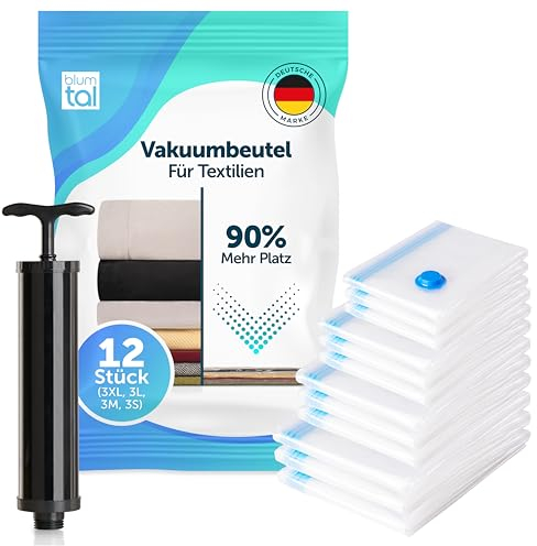 Blumtal Vakuum-Kompressionsbeutel - Vakuumbeutel für Kleidung – mit Handpumpe – vacuum bags – Vakuumbeutel für Kleidung Staubsauger - Vakuumierbeutel Kleidung im 12er Set (XL, L, M, S)