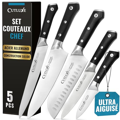 Cutluxe Kochmesser Set (5-Teiliges) – Profi Küchenmesser Set – Scharfe Messer – Hochwertiger Deutscher Kohlenstoffstahl, Durchgehender Erl, Rasiermesserscharf, Ergonomische Griffe – Artisan Serie