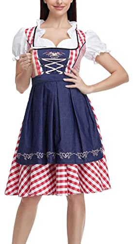 Dirndl Damen Midi - Trachtenkleid Hochgeschlossen Dirndlkleid Trachten Kleid + Dirndlbluse Blau Trachtenmode Dirndelkleider Dirndl & Dirndl-Sets für Frauen Mädchen Oktoberfest Outfit