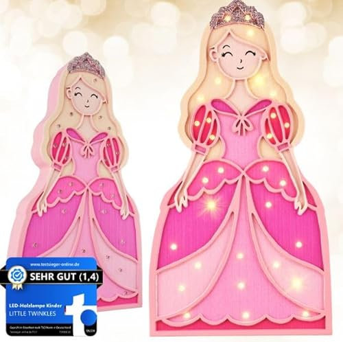 Kinder Nachtlicht aus Kiefernholz – Dimmbar, Timer, Warmes & Angenehmes Licht – Kinderzimmer Deko-Lampe, Leselampe & Schlummerlicht, Prinzessin Pink