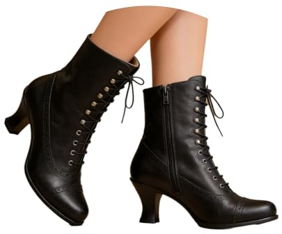 tinbarry Stivaletti Tacco Basso Donna Stivali Vittoriani Vintage Stivali Punk Gotici con Gambo Corto Stivali in Pelle a Punta PU Ankle Boots con Zip con Lacci Stivali per Costumi da Festa