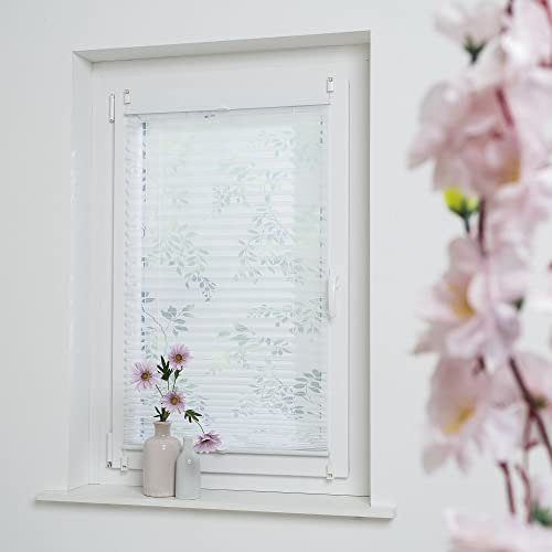 Klemmfix-Plissee mit ausgebranntem Äste-Motiv, halbtransparent, ohne Bohren oder Schrauben, inkl. Klemmträger, Breite: 55 cm/Länge: 130 cm, Farbe: weiß