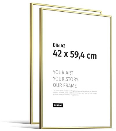 JUNOMI® Lot de 2 cadres photo A2 (42 × 59,4 cm) – aluminium doré brillant, décoration murale en métal, avec verre acrylique incassable, profil extra fin