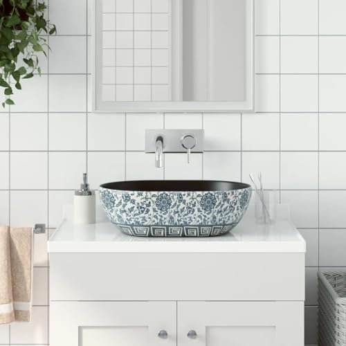 Gecheer Lavabo da Appoggio Ovale Nero e Blu 47x33x13 cm in Ceramica per Bagno, Lavandino Rettangolare