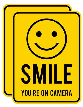2 PACK - Small 9cm X 12cm SMILE YOUR ON CAMERA Self Adhesive Stickers - Yellow/Black, Sign, Warning, CCTV, Private Property, Surveillance