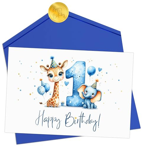 Joli Coon Geburtstagskarte 1 Jahr Junge - Premium Happy Birthday Geburtstagskarte 1 Jahr - Klappkarte mit Kuvert und goldenen Siegelsticker