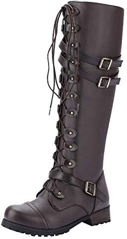 Stivali sopra il ginocchio, da donna, con lacci, stivali da equitazione, in pelle, da donna, gotico, western, marrone, 41